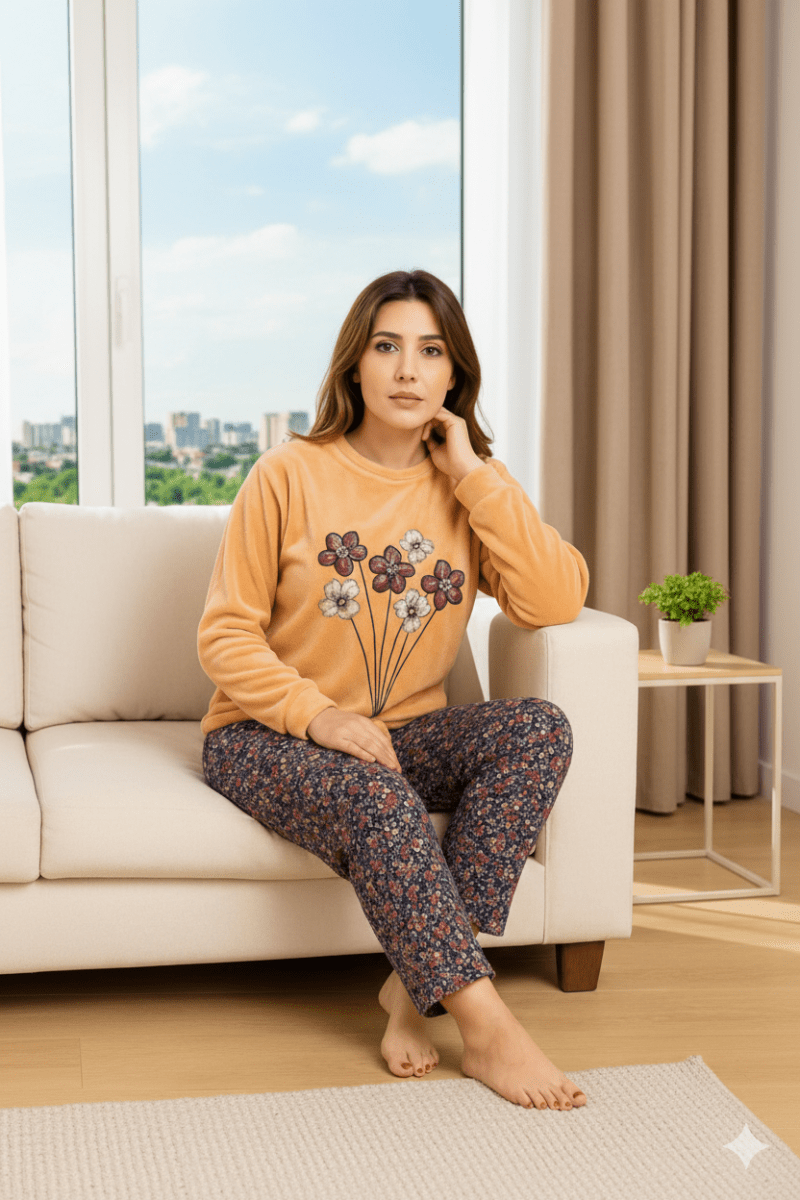 بيجامة حريمي شتوي قطعتين بطبعة زهور - Eshtree