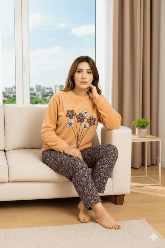 بيجامة حريمي شتوي قطعتين بطبعة زهور - Eshtree