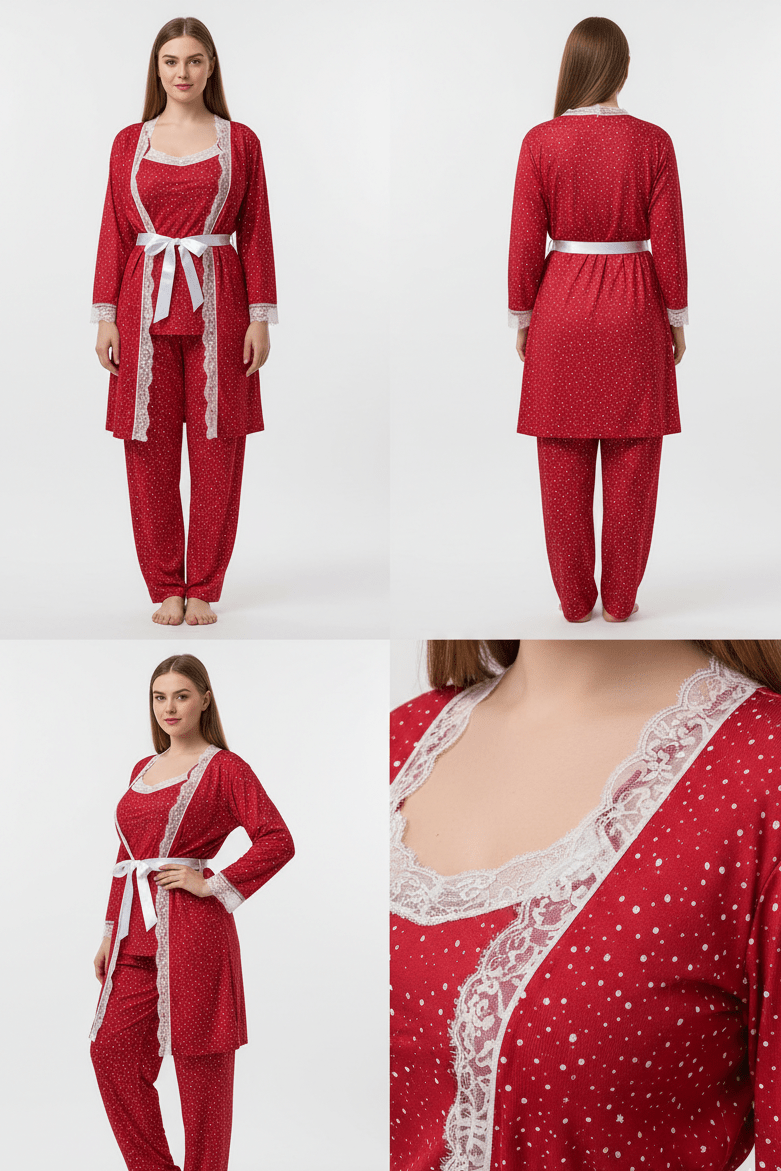بيجامة نوم دانتيل ناعم مع روب وحزام بتصميم فاخر - Eshtree