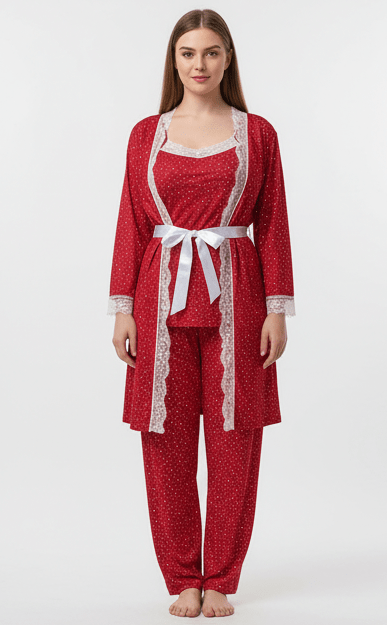 بيجامة نوم دانتيل ناعم مع روب وحزام بتصميم فاخر - Eshtree
