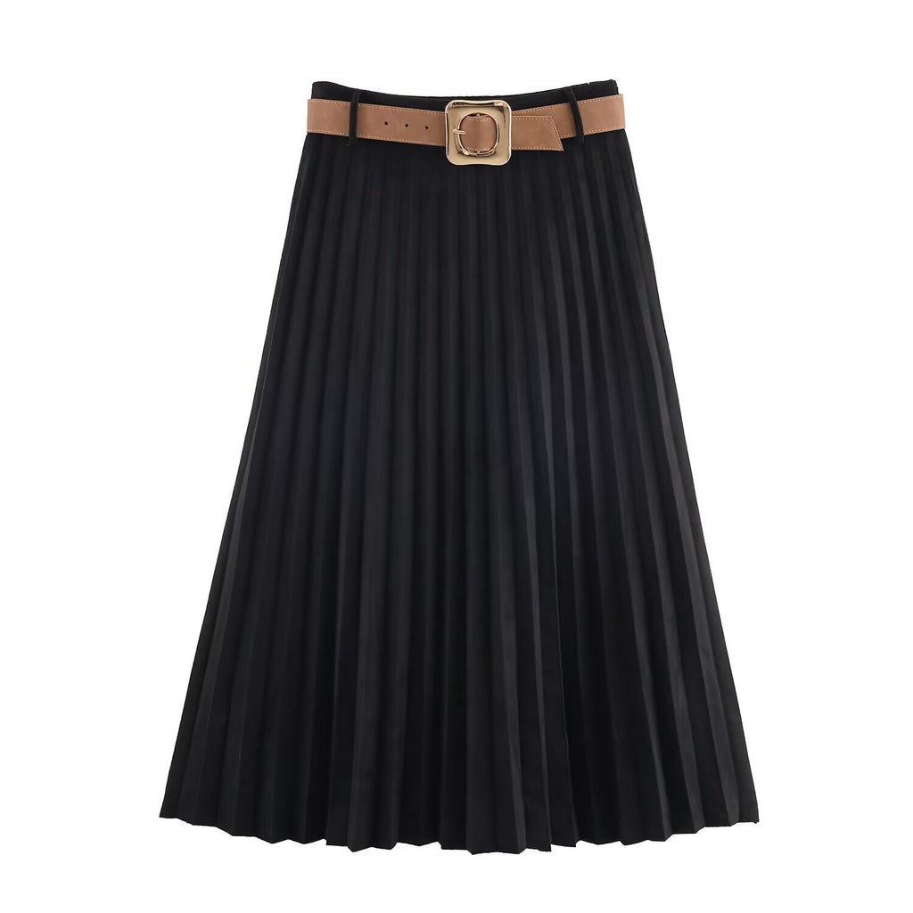 Fashionable Elegant With Belt Pleated Skirt