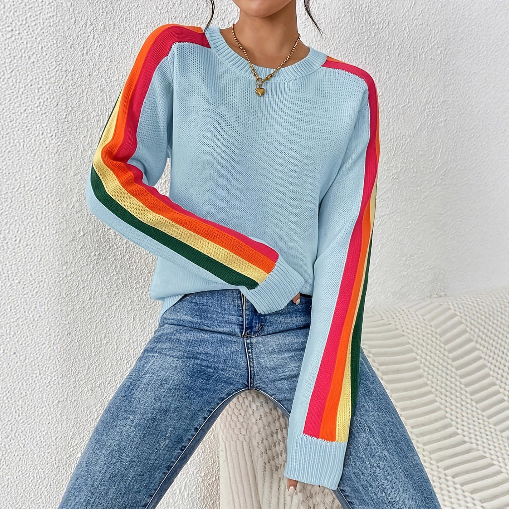 كنزة صوفية فضفاضة متعددة الاستخدامات بياقة دائرية وألوان متداخلة