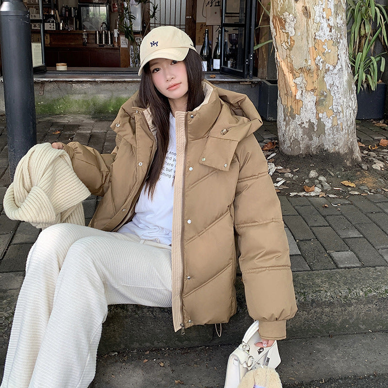 جاكيت قطني قصير للنساء، دافئ، مزود بغطاء رأس، مقاوم للرياح، مبطن بالقطن