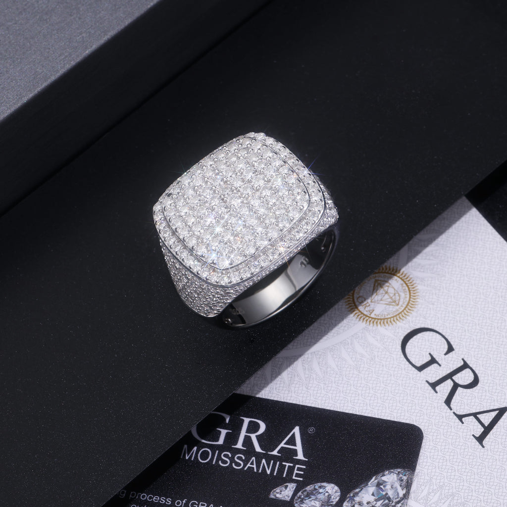 Royal Square Diamond - Set With Top-quality Moissanite S925, Silver And Platinum-plated Men's Ring, Diamond Ring, Wedding Ring. The Ring Can Be Inspected With A Diamond Pen