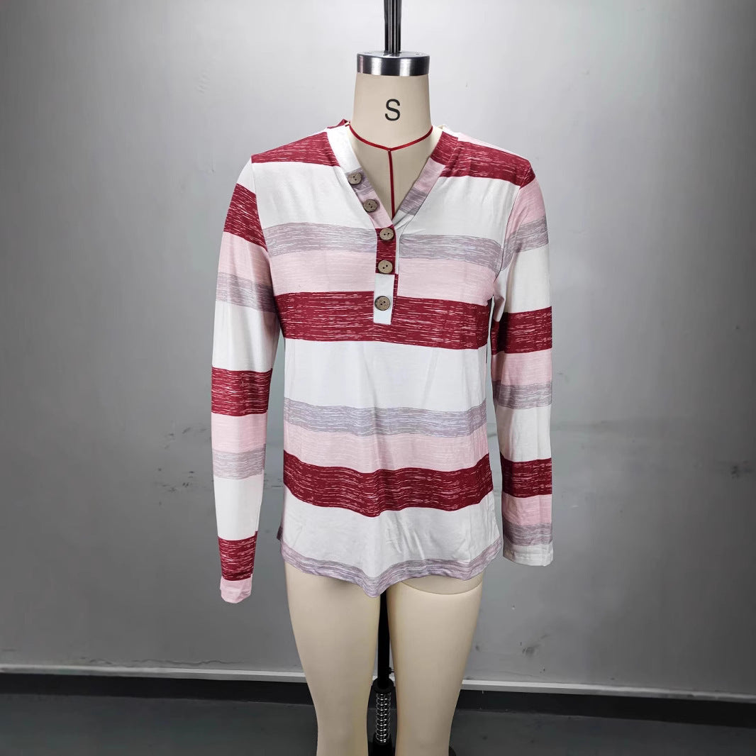 Long Sleeve Deep V-neck Striped Women's T-shirt