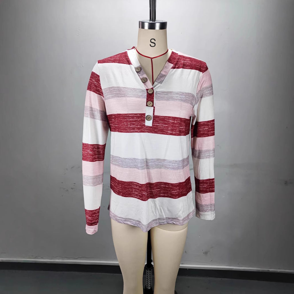 Long Sleeve Deep V-neck Striped Women's T-shirt