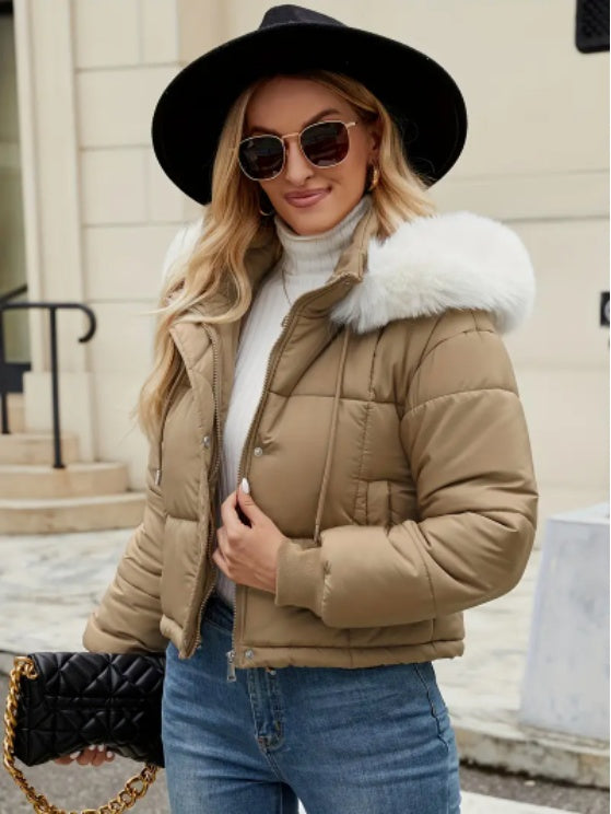 Women's Chic Mint Green Puffer Jacket With Faux Fur Trim Hood