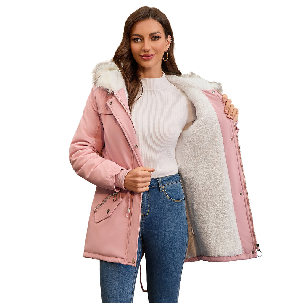 Ladies Hooded With Fur Collar Fleece Padded Coat