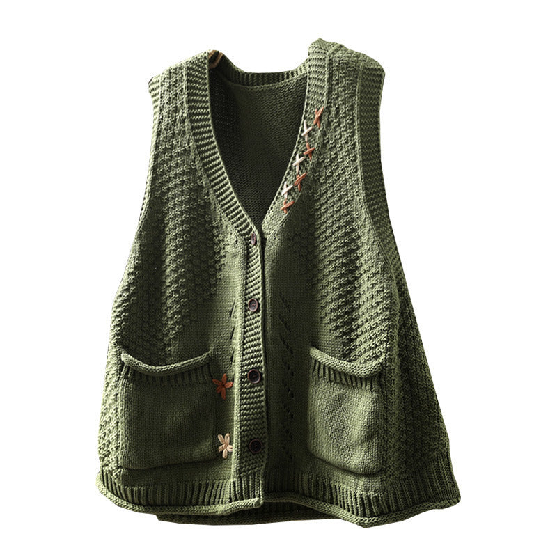 Hand-embroidered Cotton Thread Knitted Sleeveless Vest Cardigan