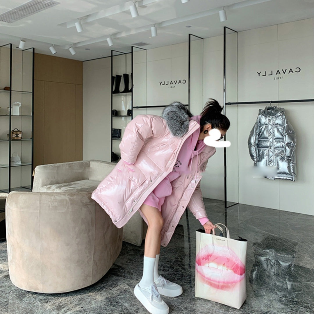 Women's Long Pink Glossy Fur Collar Winter High-end Down Jacket