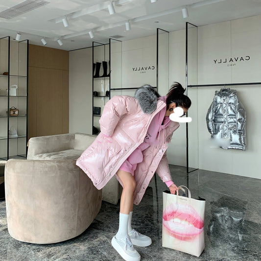 Women's Long Pink Glossy Fur Collar Winter High-end Down Jacket