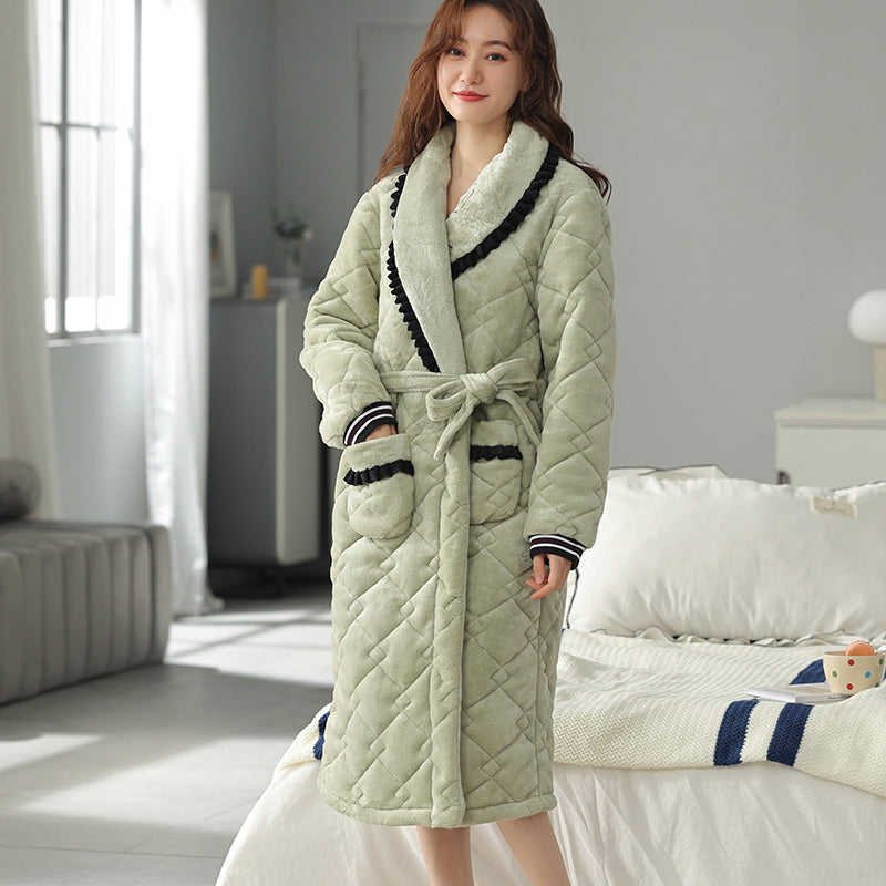 Women's Winter Thickened Mid-length Quilted Coral Fleece Bathrobe Pajamas
