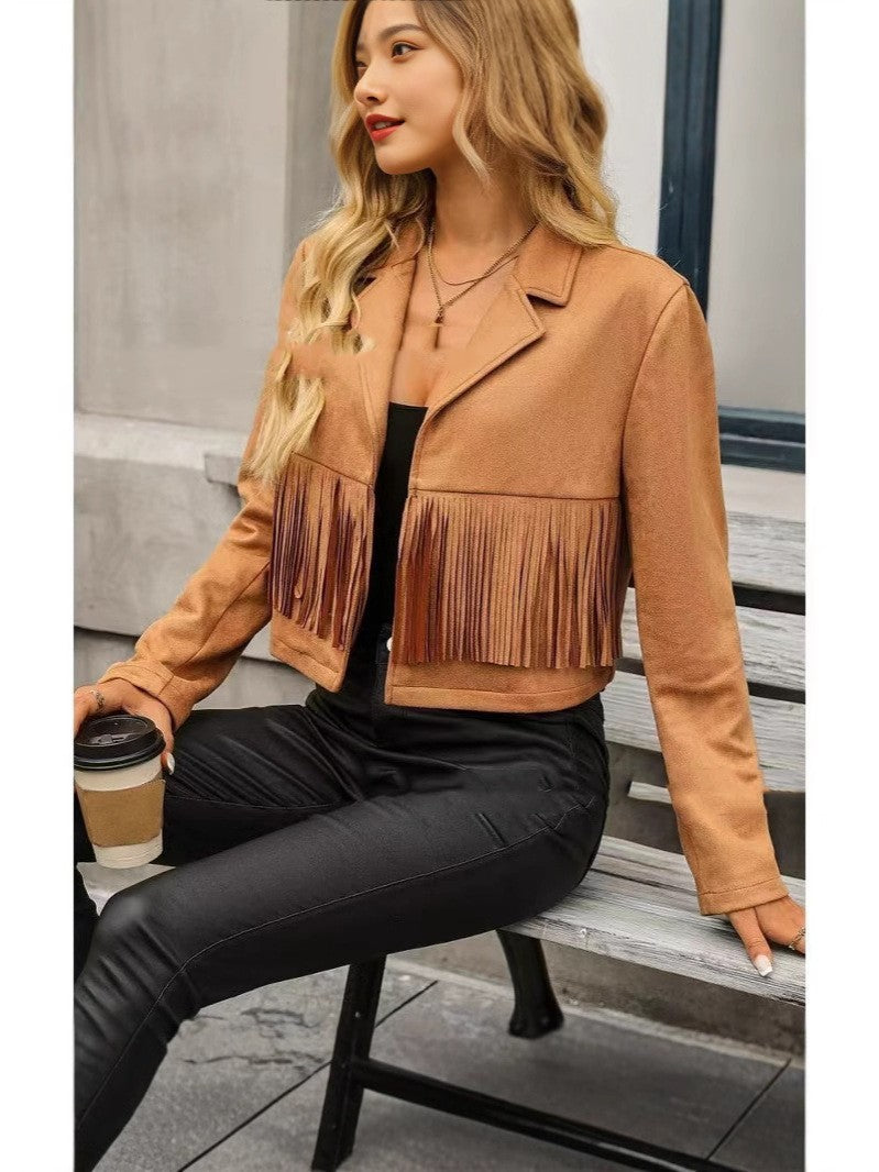Long Sleeve Locomotive Style Suede Short Tassel Coat