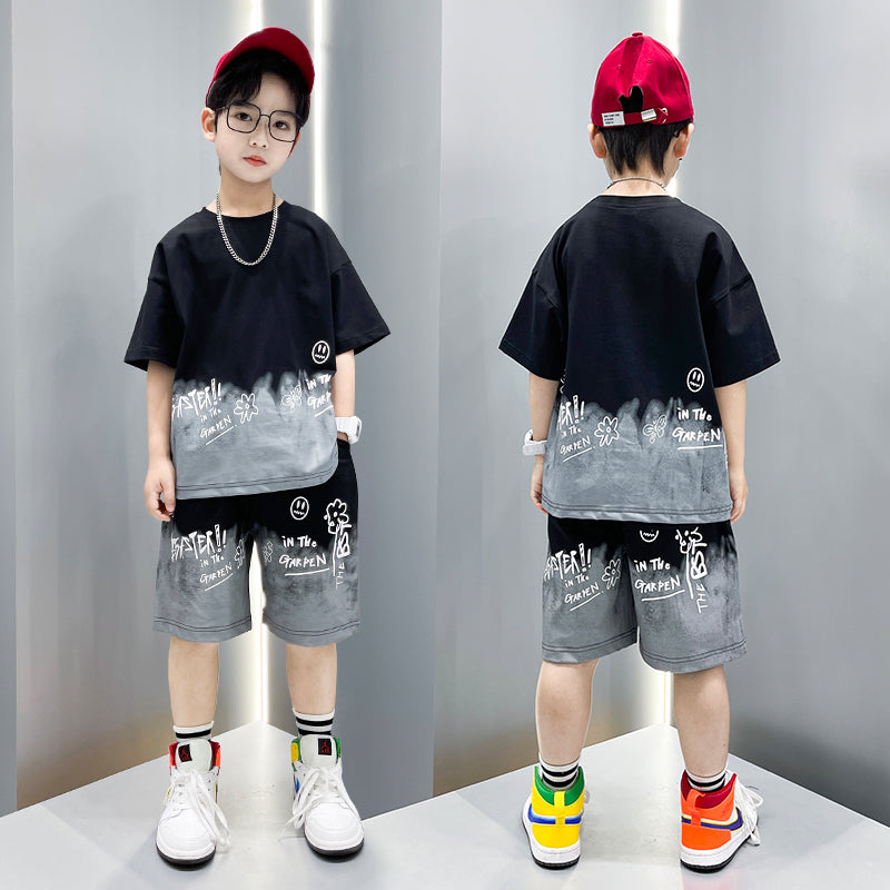 Boys Fashion Print Sports Short Sleeve Shorts Set
