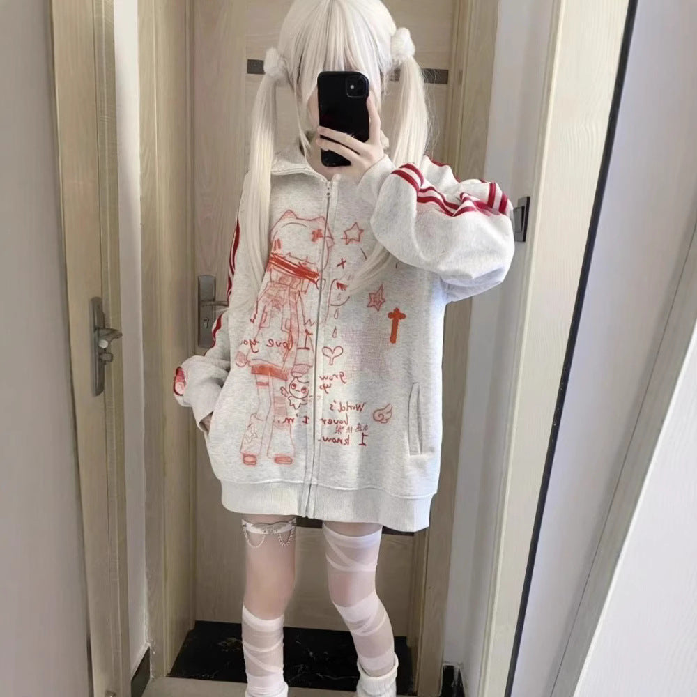 Striped Anime-Print Zip-Up Hoodie With Long Sleeves And A Hood