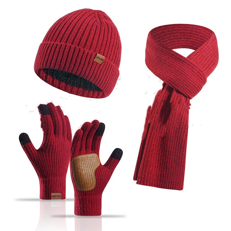 Winter Women's Wool Hat Scarf Gloves Plus Leather Non-slip Three-piece Set
