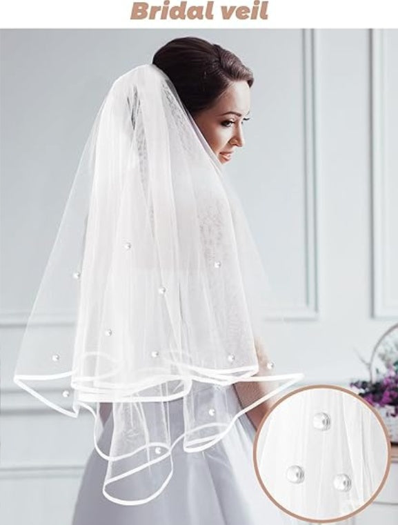 Bridal Veil Wedding Veil Weights Short 2 Tier Veil And 12 Pairs Veil Weights Magnetic Double Sided Artificial Pearls Silver Button For Bachelorette Party Bridal Shower Veil First Communion Clearance