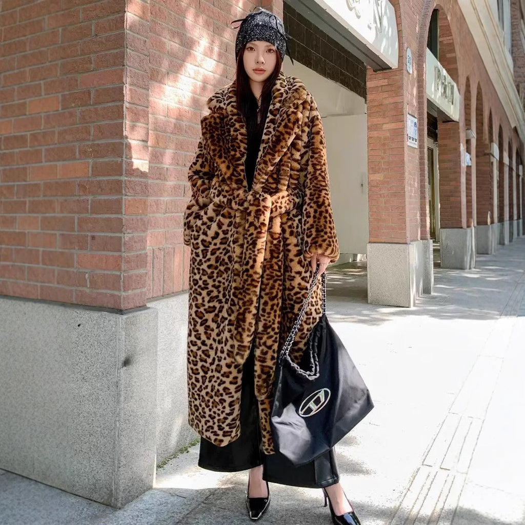 Women's Imitation Fur Leopard Print Rabbit Fur Super Long Suit Collar Furry Coat