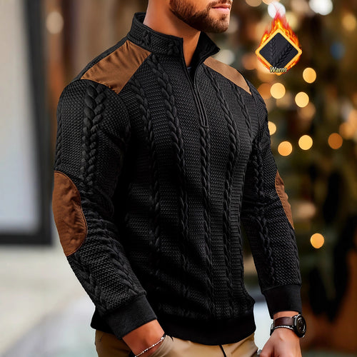 Casual Textured Wheat-spike Pattern Contrast-color Ribbed Patchwork Zip-up Long-sleeve