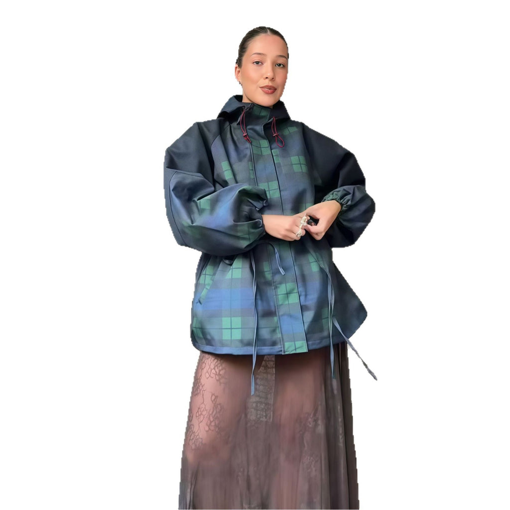 Outdoor Hooded Fashion Plaid Loose Windbreaker Jacket