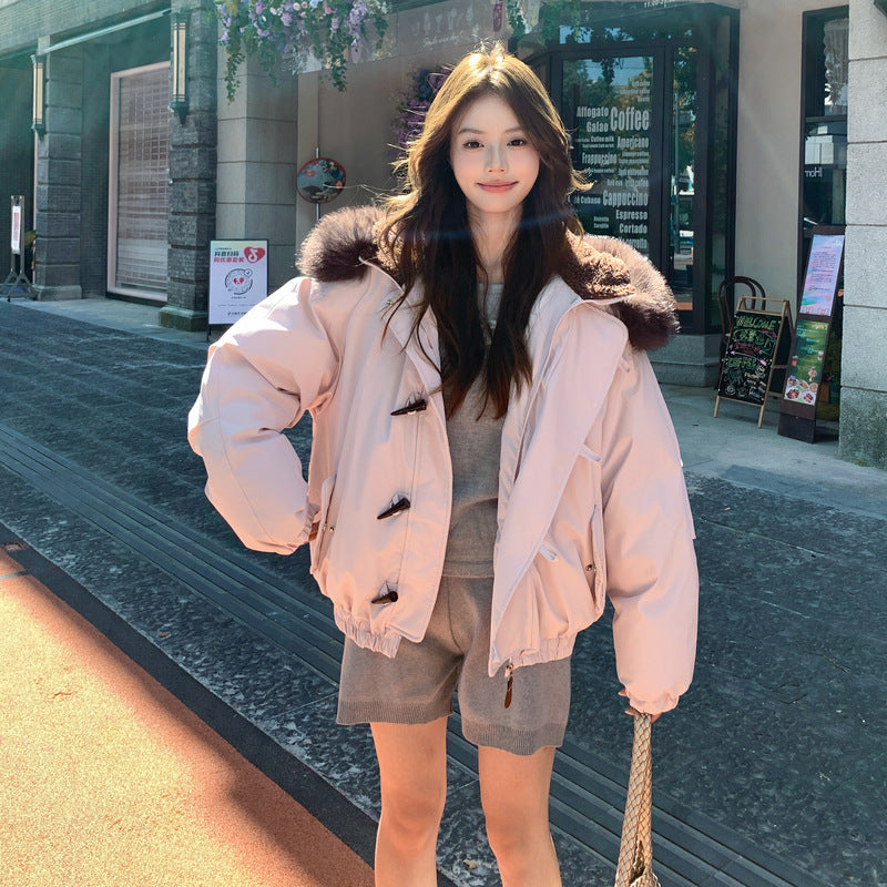 Big Fur Collar Hooded Horn Button Cotton-padded Jacket Women's Casual Loose