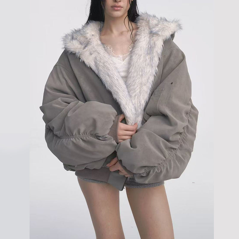 Gray Double-sided Dyed Pointed Fur Vintage Cotton-padded Jacket Coat