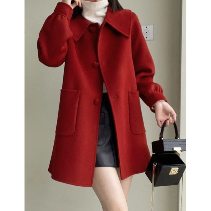 Medium Heart Buckle Slim Fit Woolen Coat Younger Peter Pan Collar Children
