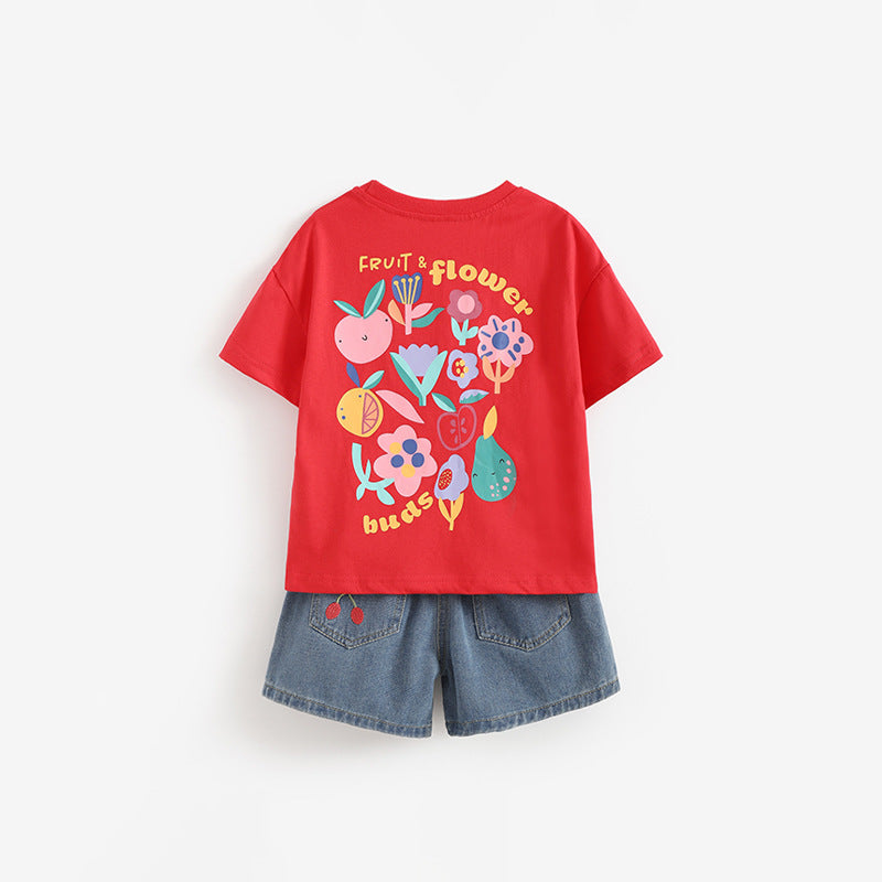 Girls' Crew-Neck T-Shirt And Casual Denim Pants For Little Kids