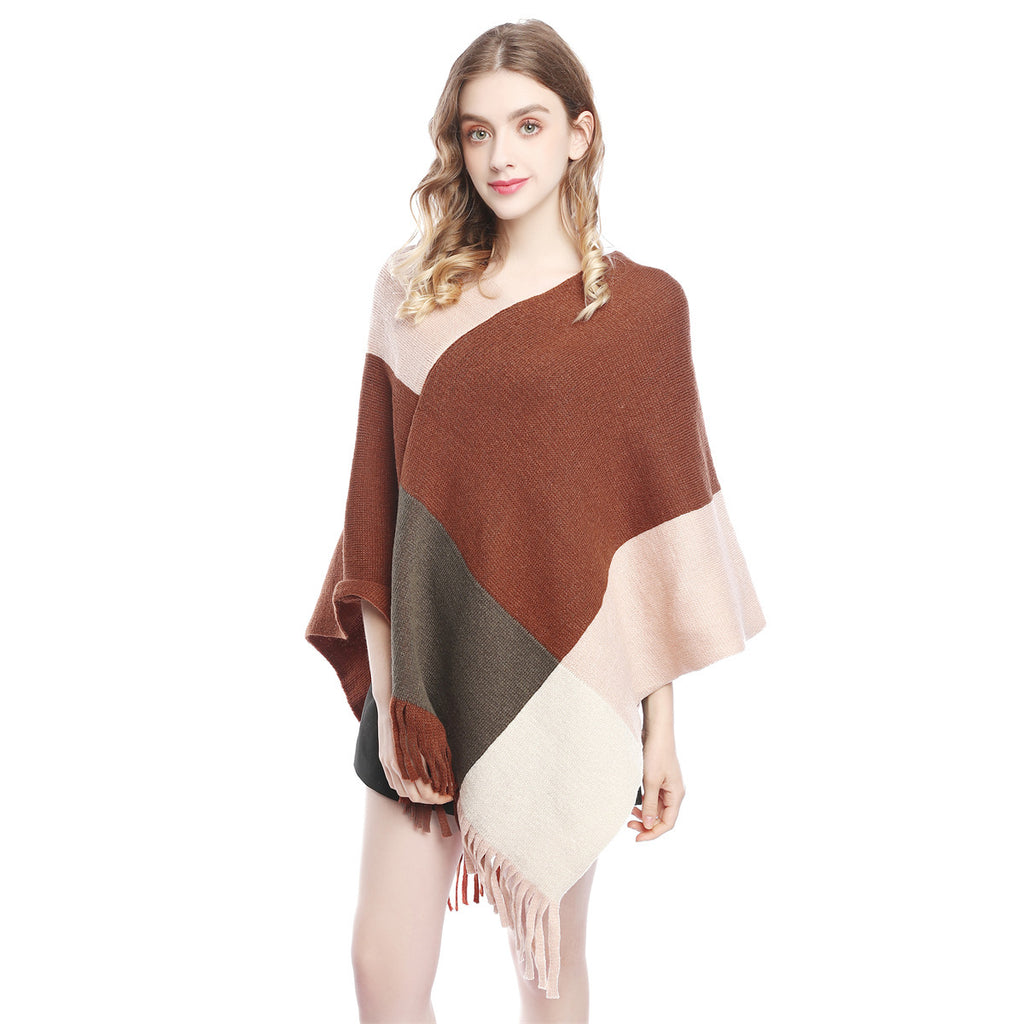 Fashion Women's Wear Color Contrast Patchwork Shawl Cape Knitted