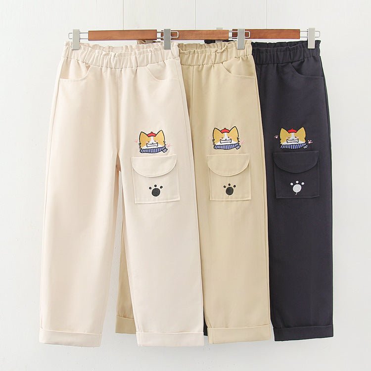 Cartoon Embroidery Casual Pants Girls Spring Straight Pants - Eshtree