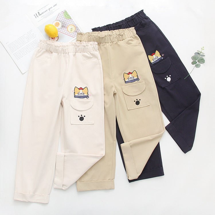 Cartoon Embroidery Casual Pants Girls Spring Straight Pants - Eshtree