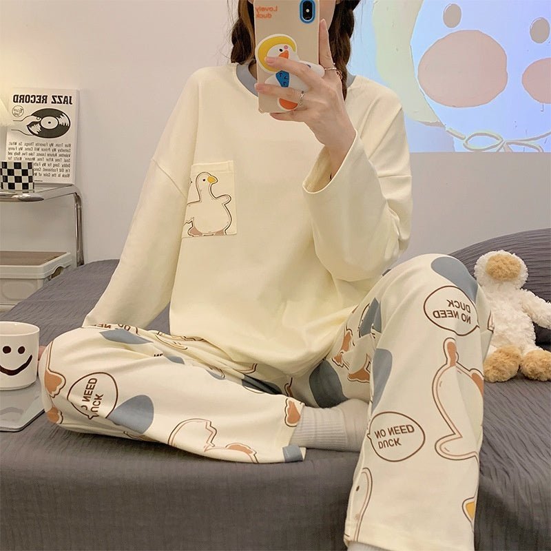 Cartoon Loose And Cute Long - sleeved Pajamas For Women Spring Autumn Set Casual Homewear Outerwear - Eshtree