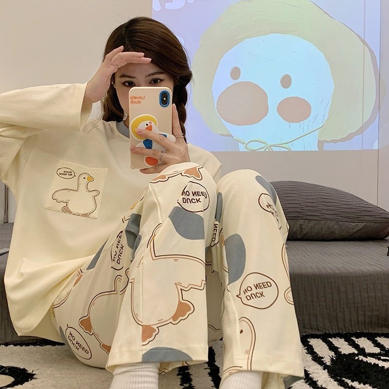 Cartoon Loose And Cute Long - sleeved Pajamas For Women Spring Autumn Set Casual Homewear Outerwear - Eshtree