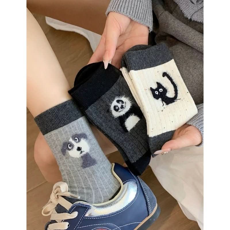 Cartoon NEPs Yarn Socks Women's Mid Tube Stockings Flocking Plush Spring And Autumn Cute Bunching Socks - Eshtree