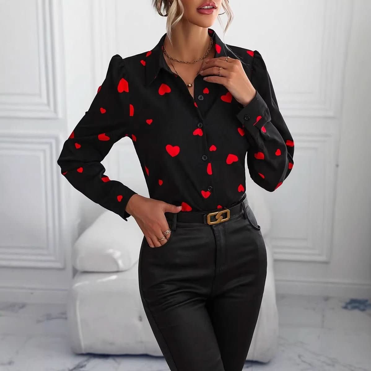 Casual Long - Sleeve Shirt With A Loving - Heart Print Top - Eshtree