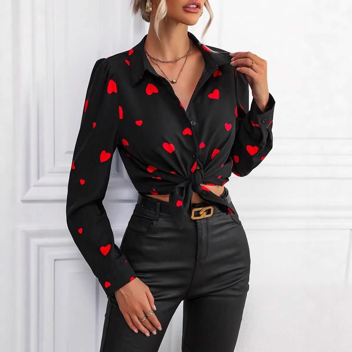 Casual Long - Sleeve Shirt With A Loving - Heart Print Top - Eshtree