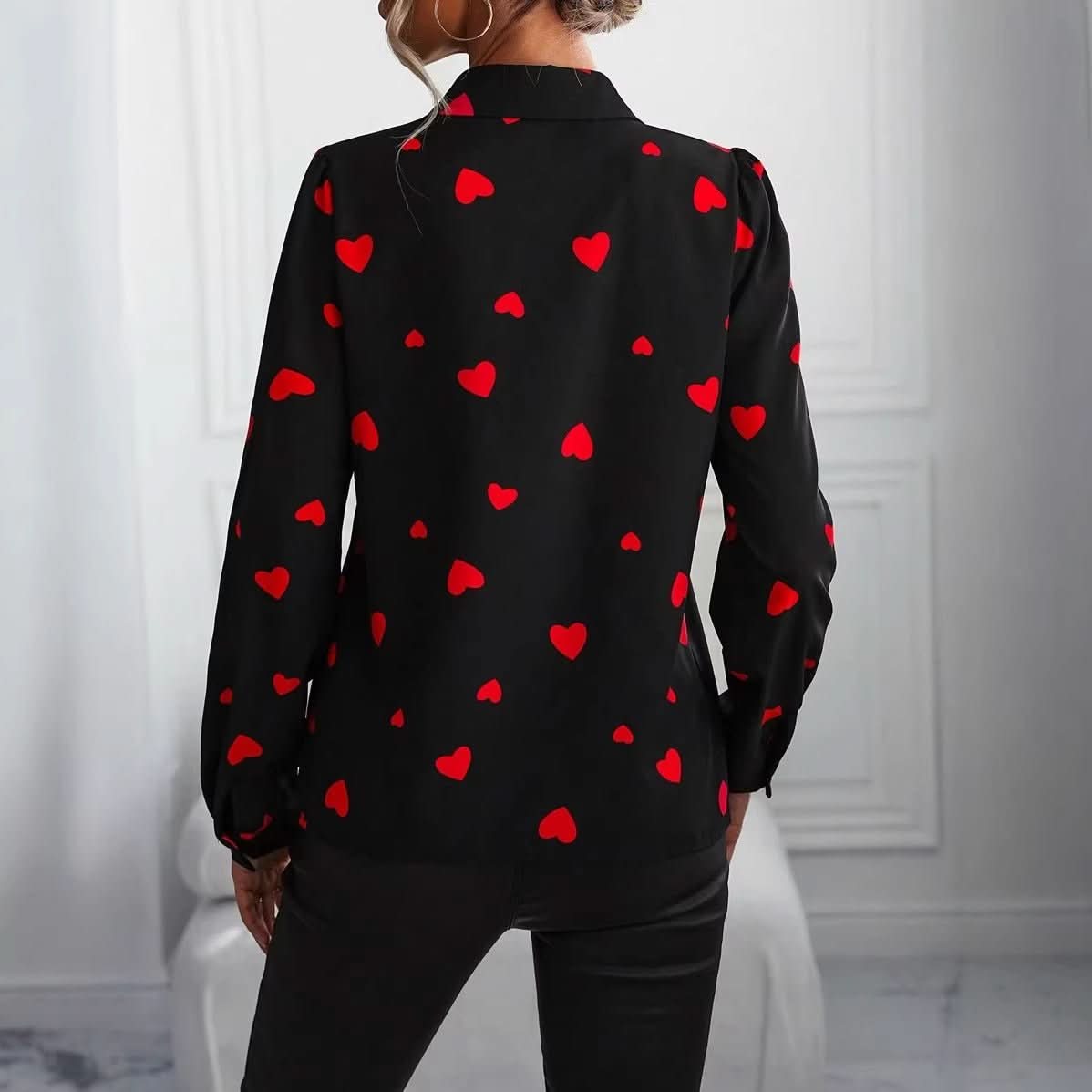 Casual Long - Sleeve Shirt With A Loving - Heart Print Top - Eshtree