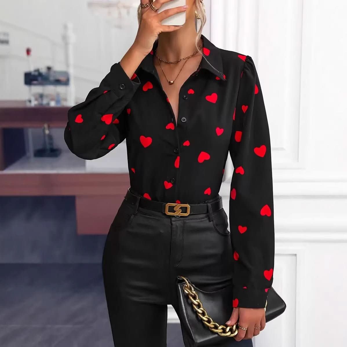 Casual Long - Sleeve Shirt With A Loving - Heart Print Top - Eshtree