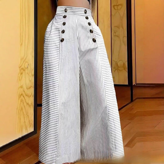 Casual Striped Button - up Wide - leg Pants - Eshtree