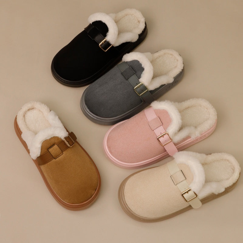 Womens AutumnWinter Indoor Plush Thick-Soled Warm Anti-Slip Cotton Slippers