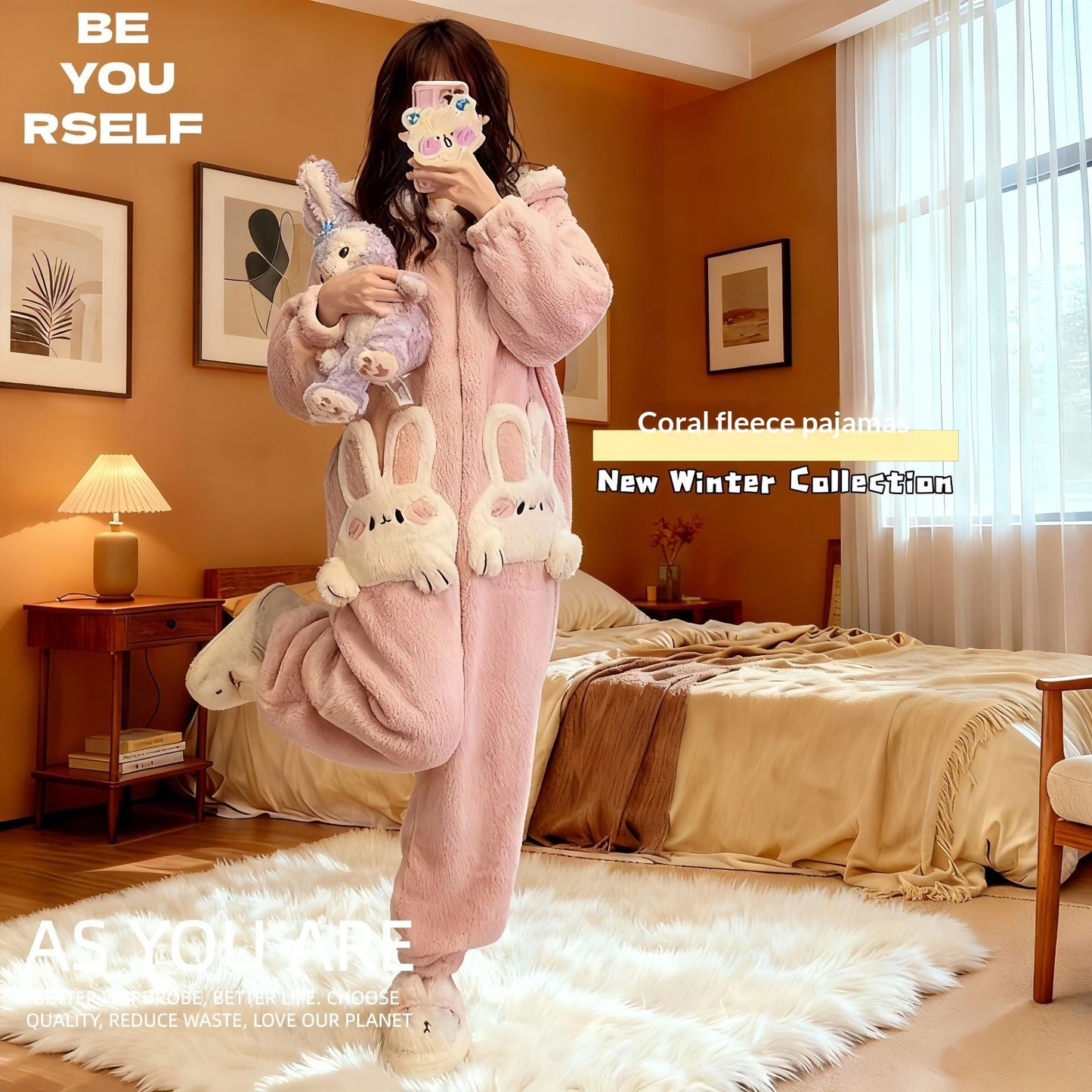 Women's Thickened Coral Fleece Winter Cute Bunny Pajamas