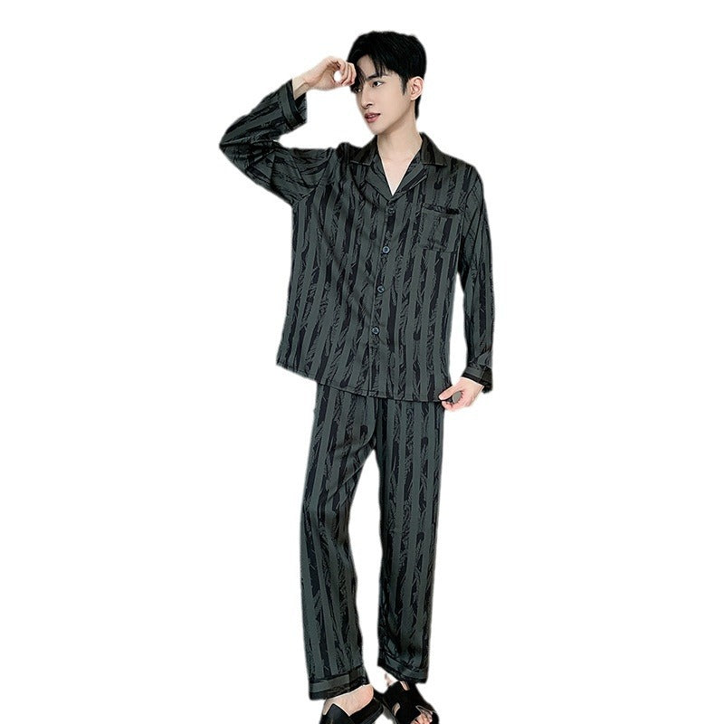 High-grade Ice Silk Men's Pajamas V-neck Thin Trousers Long Sleeve Two-piece Set