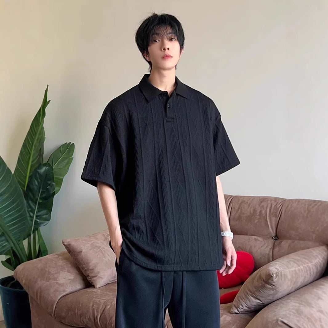 Wheat-ear Pattern Jacquard-knit Short-sleeve Polo Shirt