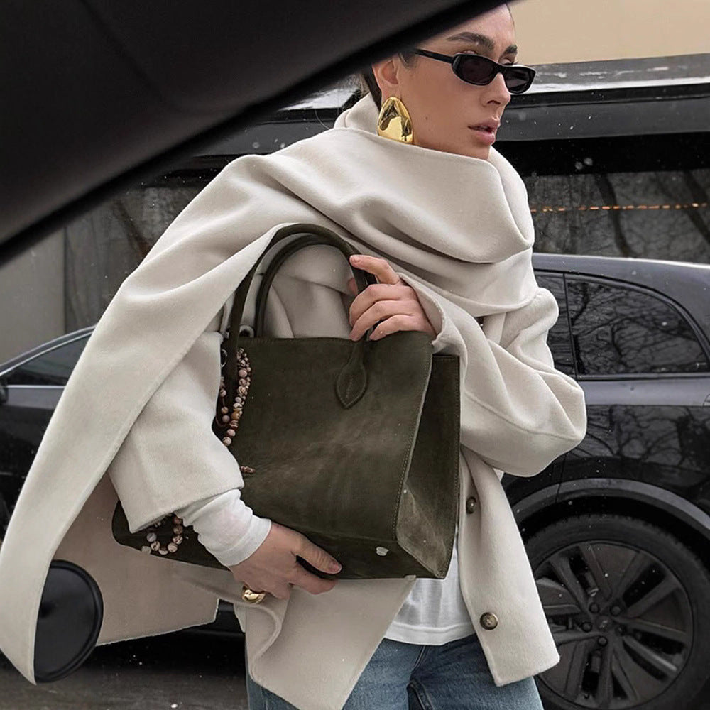 Solid Color Scarf Collar Single-breasted Woolen Coat For Women