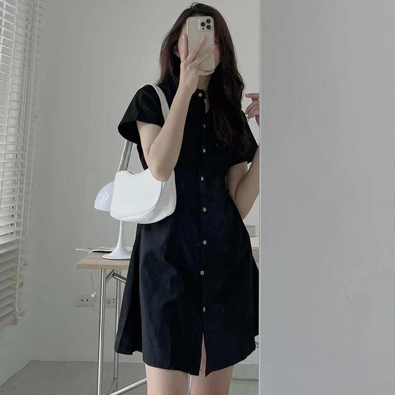 Simple Temperament Lapel Single Breasted Waist Slimming Small Size Dress