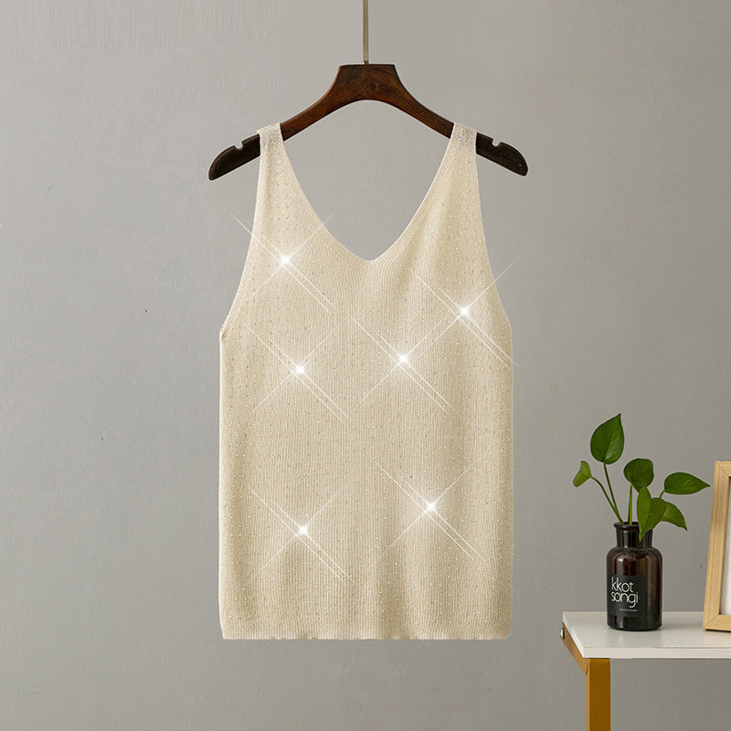 Ice Silk Knitted Bright Thread Diamond-encrusted V-neck Camisole