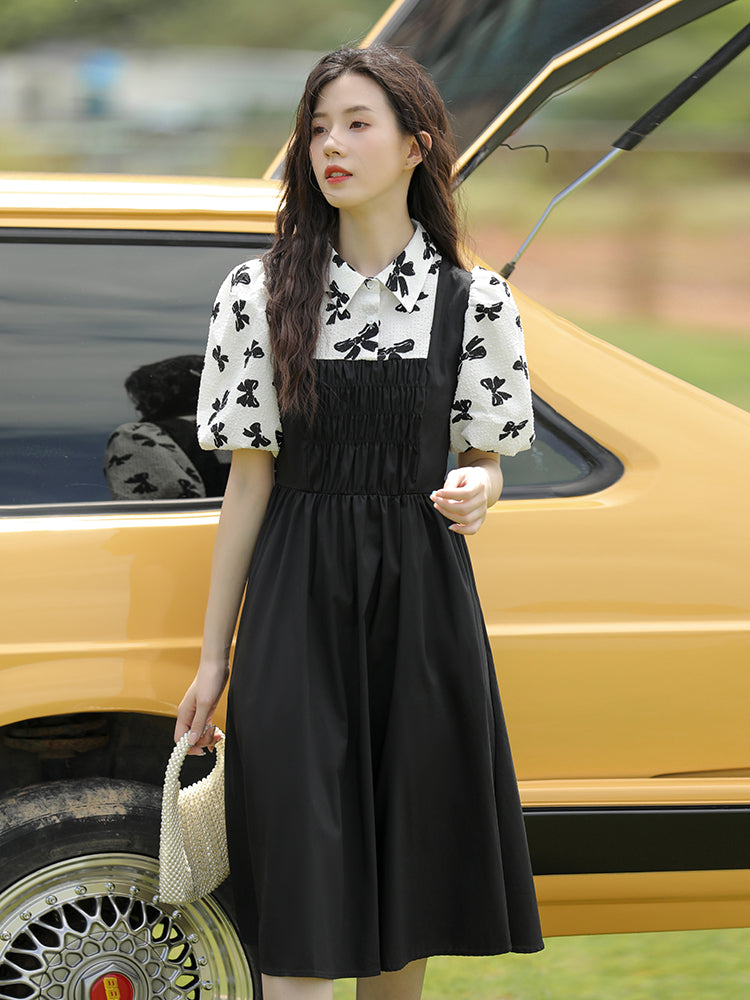 Fake Two-piece Black Puff Sleeve Little Dress  Long Skirt Women