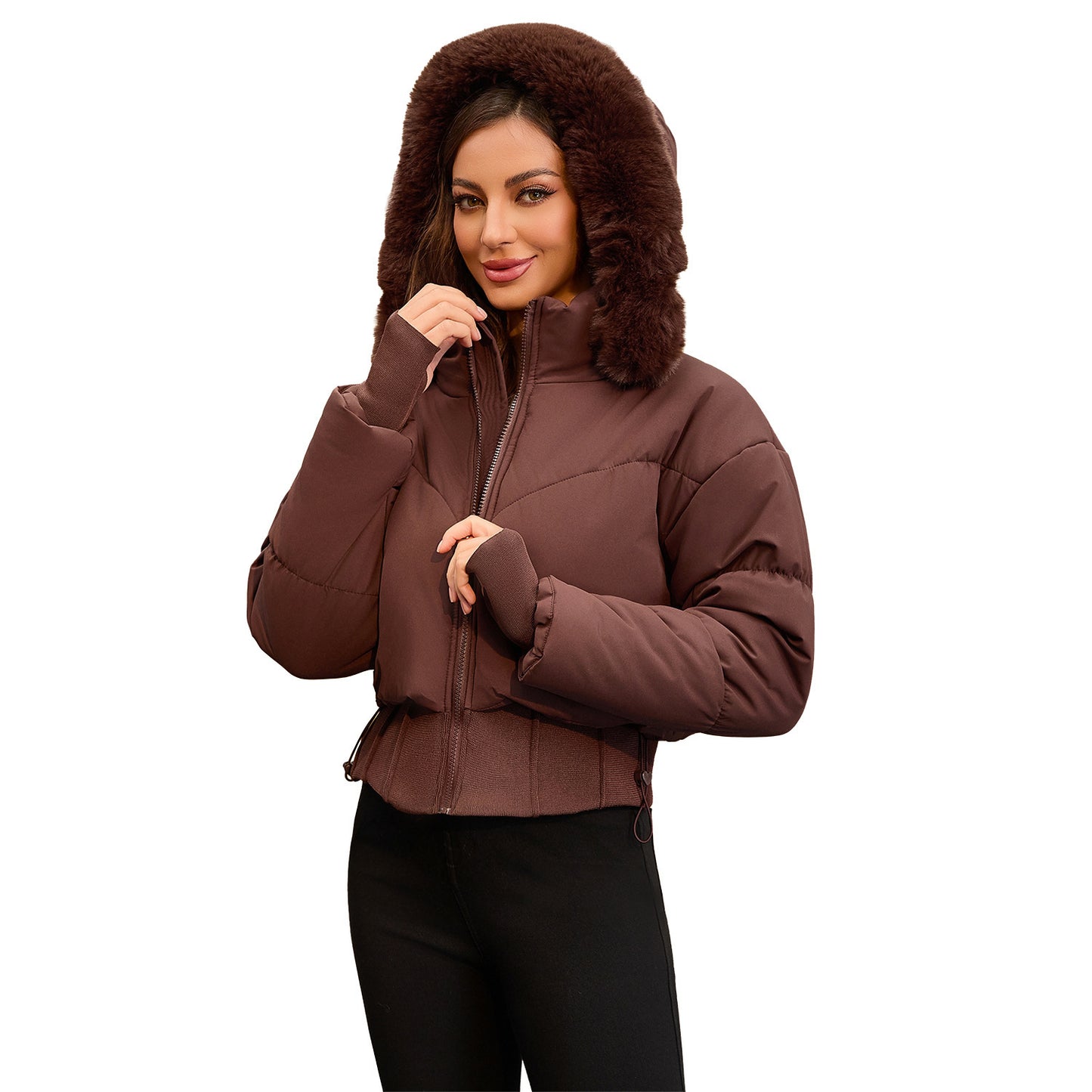 Women's Waist-tight Big Fur Collar Hooded Short Cotton Jacket