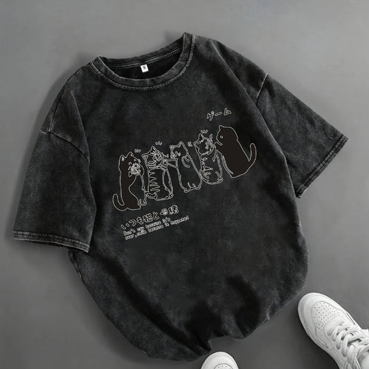 Cartoon Cat Shower Mens Loose-Fit Short-Sleeve T-Shirt