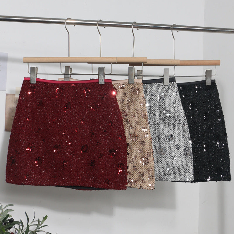 Sequined Red Skirt High Waist Slimming A- Line Sheath